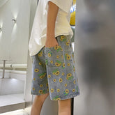 Hearujoy Summer Denim Shorts Men Fashion Vintage Jeans Shorts Men Streetwear Hip-hop Loose Flower Shorts Mens Retro Beach Shorts M-3XL